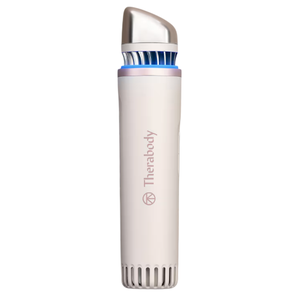 A cylindrical TheraBody device with a metallic tip and blue accents, likely designed for skincare or muscle treatment.