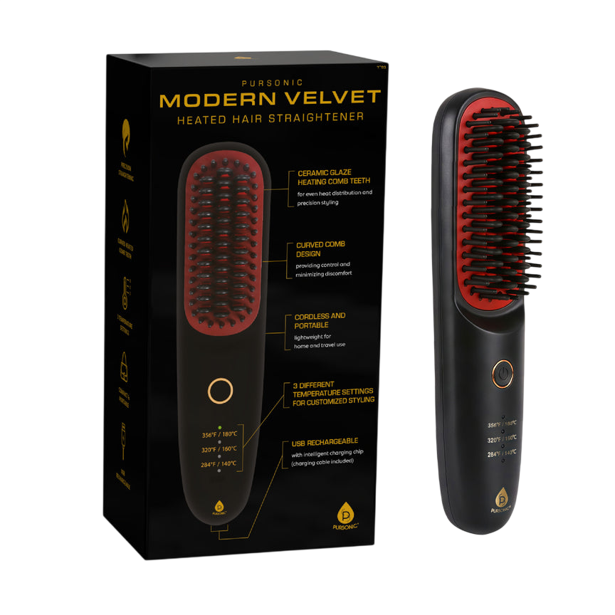 Pursonic Modern Velvet Heated Hair Straightener features ceramic glaze heating comb teeth, a curved comb design, cordless portability, three temperature settings (356°F/320°F/284°F), and USB rechargeability.