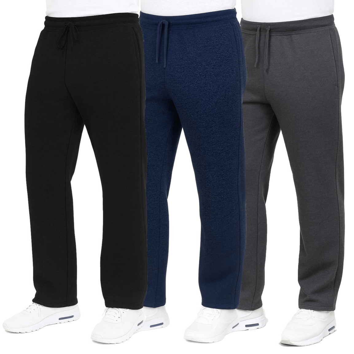 Three pairs of men's sweatpants in black, navy, and gray, each with a drawstring waist, are shown with white athletic shoes.