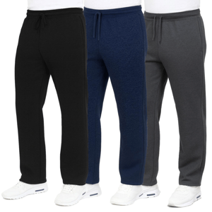 Three pairs of men's sweatpants in black, navy, and gray, each with a drawstring waist, are shown with white athletic shoes.
