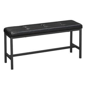 Black bench with a tufted faux leather seat and metal frame.