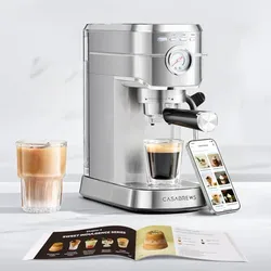 A Casabrews espresso machine with a glass of coffee, a smartphone displaying coffee recipes, and an open booklet featuring coffee options.
