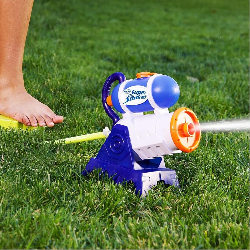 The NERF Super Soaker Grab 'N Go Stomp Soaker is a compact, ground-based water blaster activated by stomping on a pedal. It features a blue and white color scheme with an orange nozzle, designed for interactive outdoor play.
