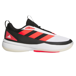 Adidas basketball shoe with a black, white, and red color scheme, featuring the signature three stripes and a thick sole for support.