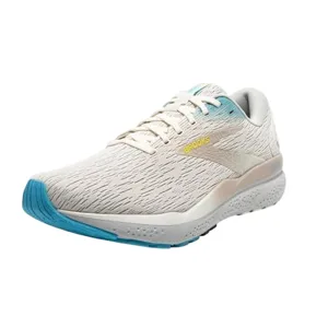 A beige running shoe with a textured upper, featuring blue accents on the sole and a yellow logo on the side.