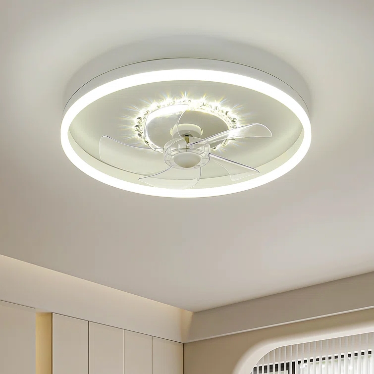 Ceiling fan with integrated LED light ring mounted on a white ceiling.
