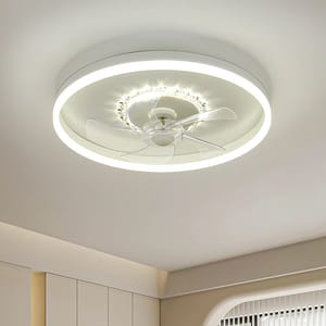 Ceiling fan with integrated LED light ring mounted on a white ceiling.