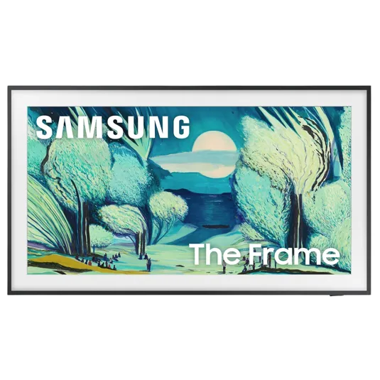 A Samsung display featuring \“The Frame\“ TV, designed to look like art with a digital painting of trees and a moonlit landscape.