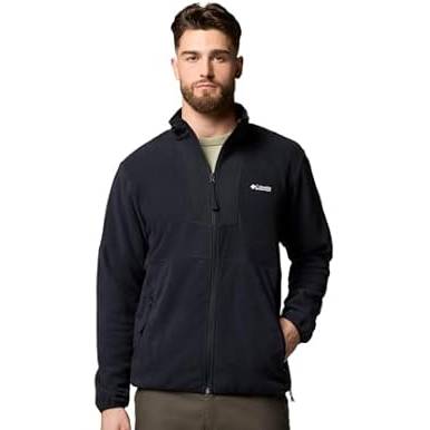 A man wearing a black Columbia fleece jacket with a full front zipper and side pockets.