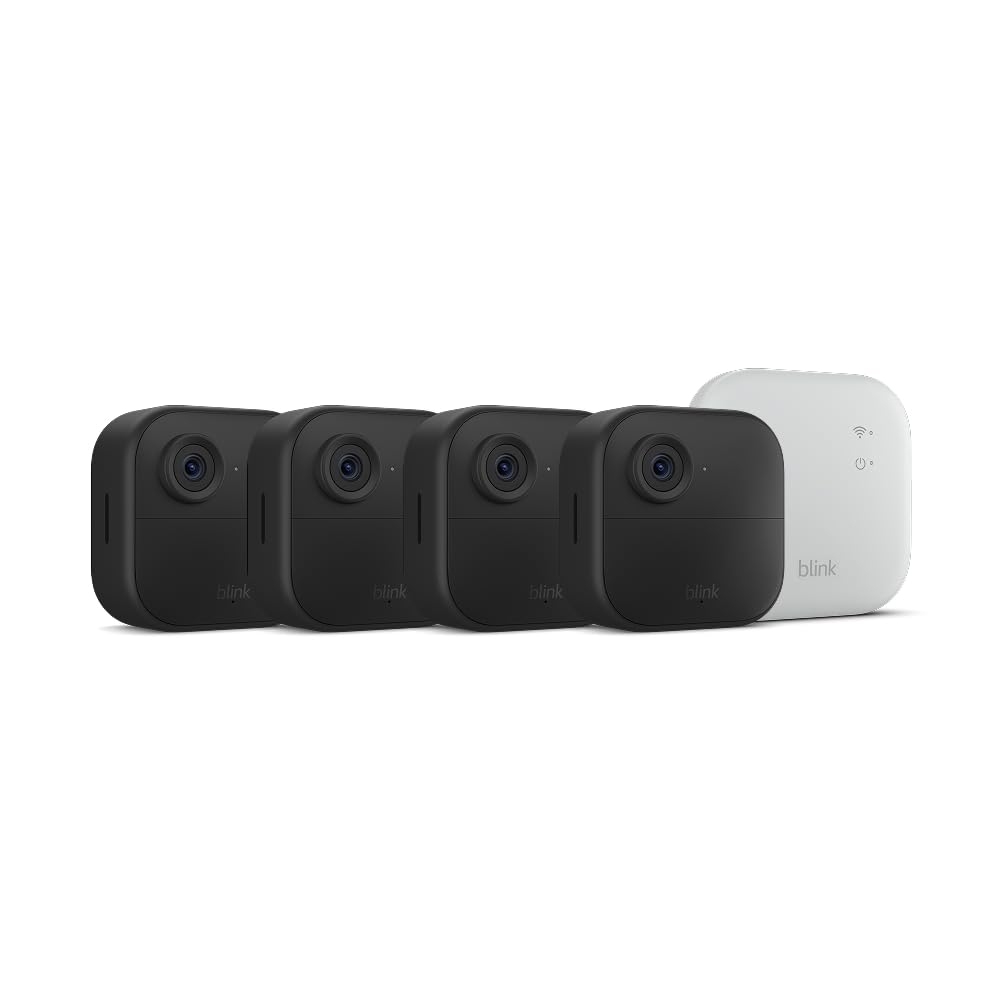 Blink Outdoor XR Camera Kit includes four black outdoor security cameras and a white sync module, designed for home surveillance.