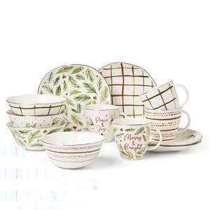 12-piece Lenox Bayberry Dessert Set features festive designs with green pine leaves, red berries, and checkered patterns; includes plates, bowls, and mugs with phrases like \“Peace & Joy\“ and \“Merry & Bright.\“