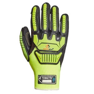 A high-visibility work glove featuring black and neon green coloring with reinforced padding, designed for protection and durability.