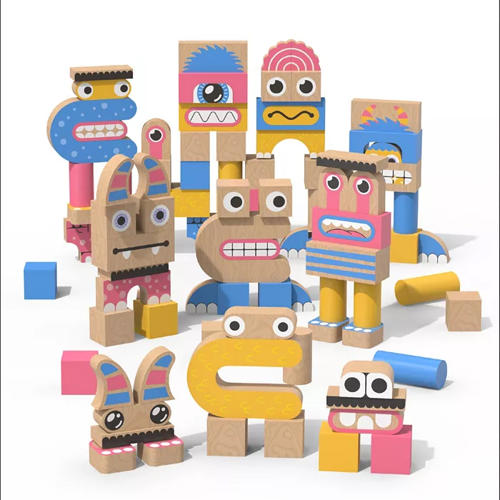 Colorful wooden building blocks with whimsical faces, featuring various facial expressions. The set includes pieces in blue, pink, yellow, and natural wood tones, designed to be assembled into imaginative characters.