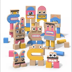 Colorful wooden building blocks with whimsical faces, featuring various facial expressions. The set includes pieces in blue, pink, yellow, and natural wood tones, designed to be assembled into imaginative characters.