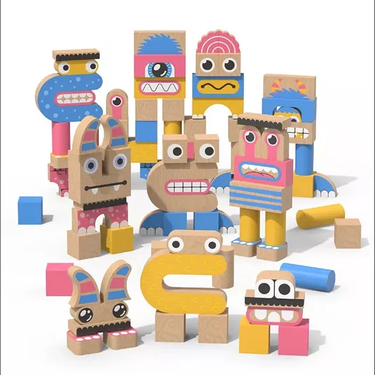 Colorful wooden building blocks with whimsical faces, featuring various facial expressions. The set includes pieces in blue, pink, yellow, and natural wood tones, designed to be assembled into imaginative characters.
