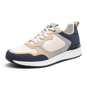 Men's sneakers with a color scheme of navy blue, white, and beige, featuring a lace-up design and visible arch support on the side.