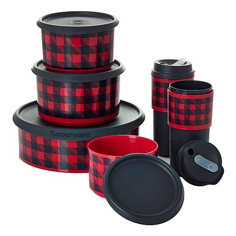 A Tupperware set with a red and black plaid design, including three round containers with lids, two travel mugs, and additional lids.