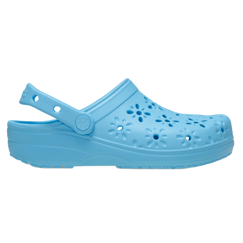 Light blue clog-style shoe with floral cutouts and an adjustable heel strap.