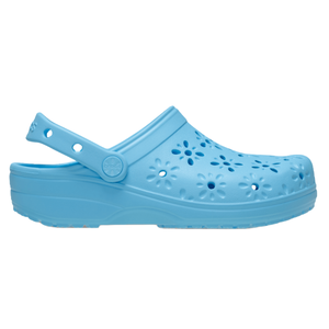 Light blue clog-style shoe with floral cutouts and an adjustable heel strap.