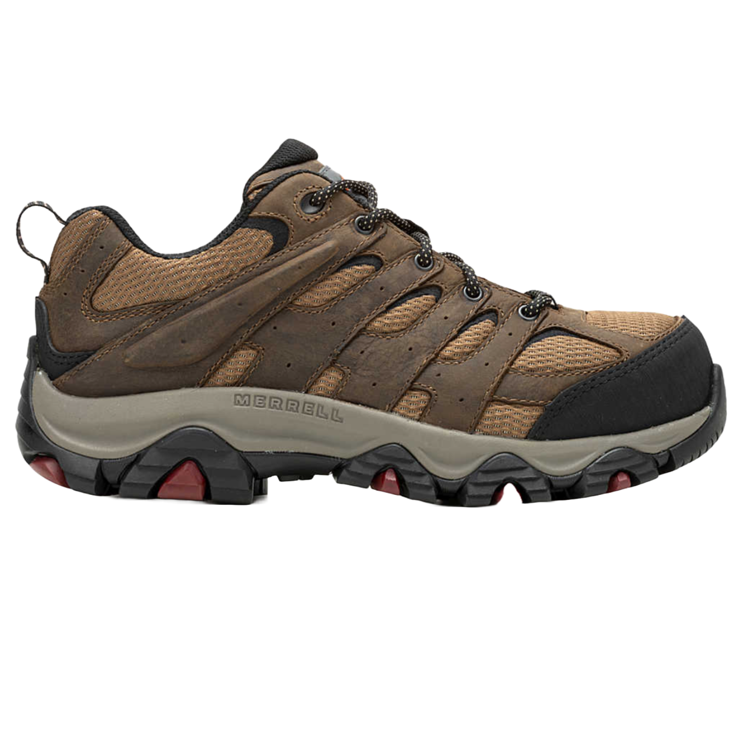 Brown and black Merrell hiking shoe with mesh panels and red accents on the sole.