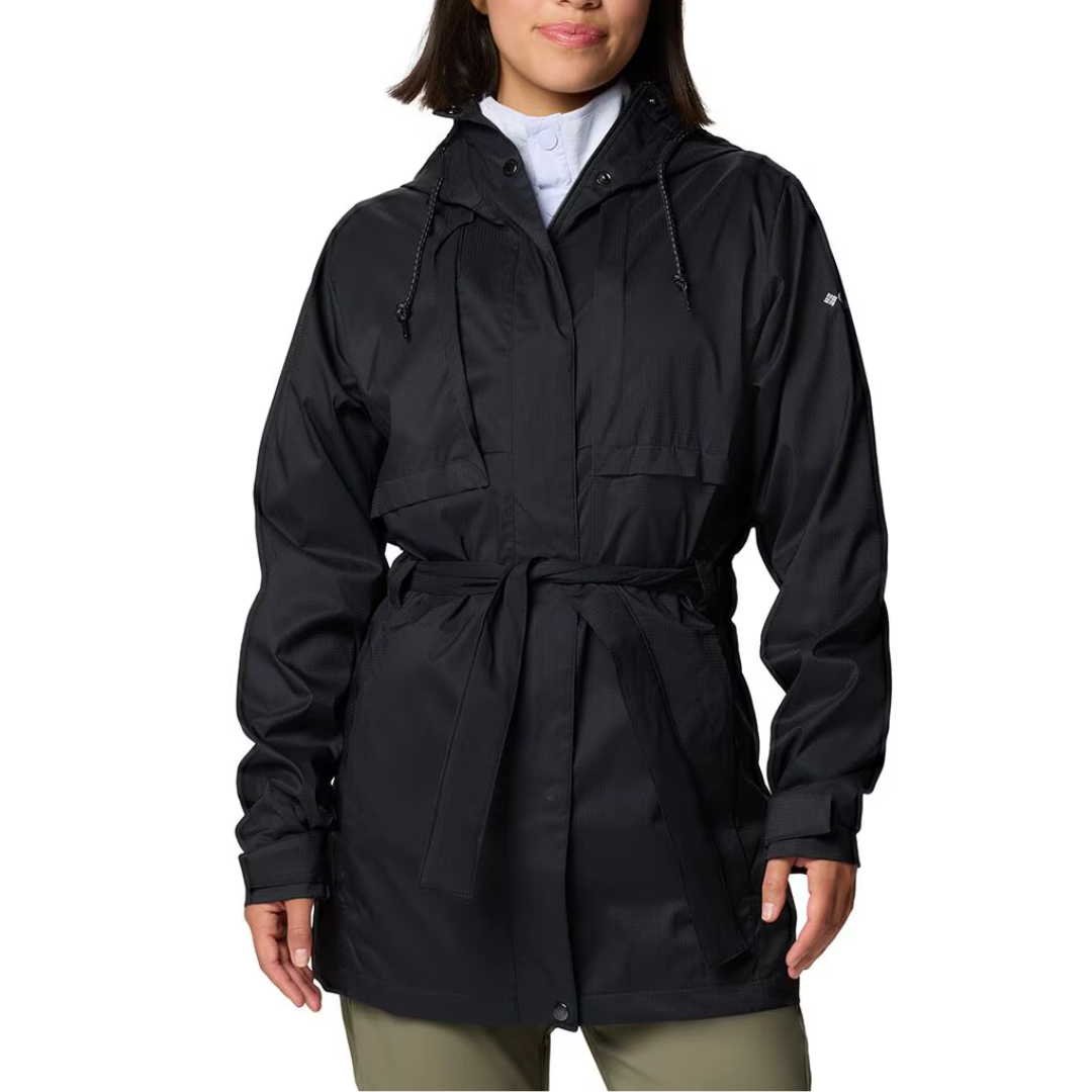 Columbia Pardon My Trench Jacket in black features a belted waist, front button closure, adjustable hood with drawstrings, and long sleeves.