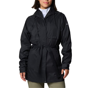 Columbia Pardon My Trench Jacket in black features a belted waist, front button closure, adjustable hood with drawstrings, and long sleeves.