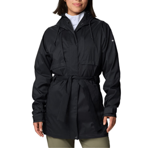 Columbia Pardon My Trench Jacket in black features a belted waist, front button closure, adjustable hood with drawstrings, and long sleeves.