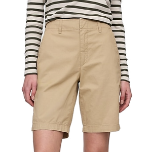Beige knee-length Bermuda shorts with a flat front, belt loops, and a straight fit, paired with a long-sleeve striped shirt.