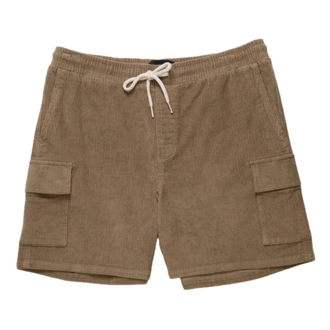 Brown corduroy cargo shorts with an elastic waistband, drawstring, and side pockets.