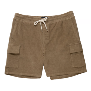 Brown corduroy cargo shorts with an elastic waistband, drawstring, and side pockets.