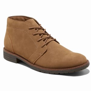 Brown suede chukka boot with lace-up closure, featuring a low heel and stitched detail along the sole.