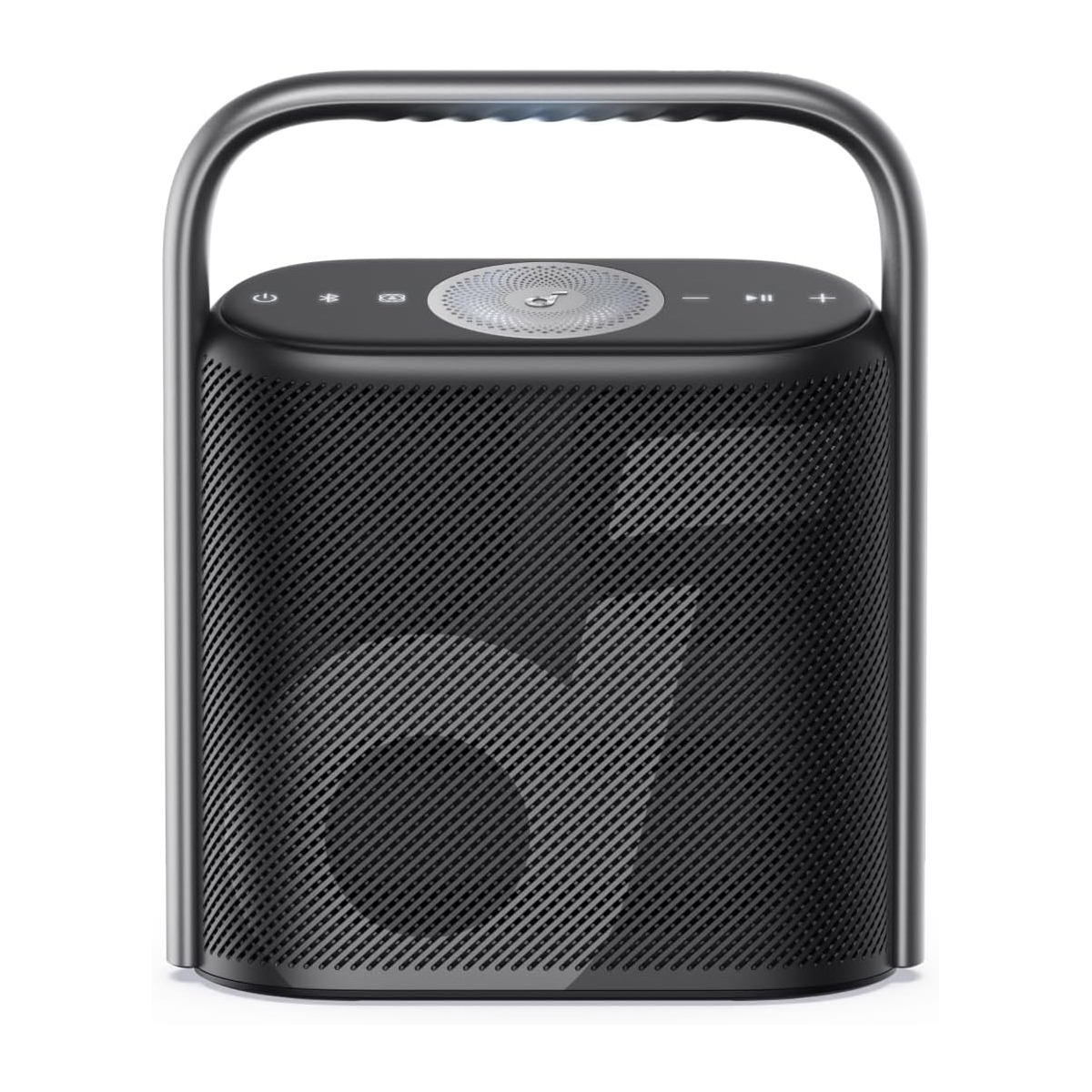 Portable speaker with a metallic handle, featuring control buttons on the top.