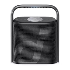 Portable speaker with a metallic handle, featuring control buttons on the top.