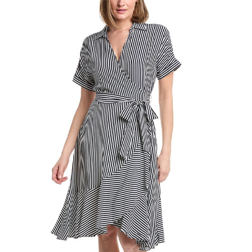 A black and white striped wrap dress with short sleeves and an asymmetrical hem, featuring a tie at the waist.