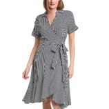 A black and white striped wrap dress with short sleeves and an asymmetrical hem, featuring a tie at the waist.