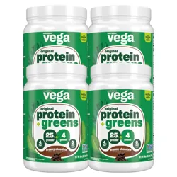 Four containers of Vega Protein + Greens in creamy chocolate flavor, each with 25g of protein, 4g of greens, and no added sugar.