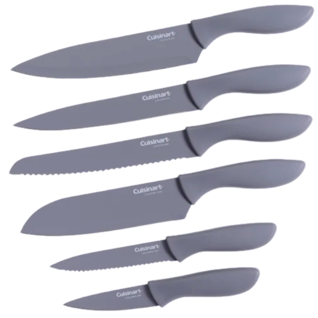 A set of six gray Cuisinart knives with ergonomic handles, including a chef's knife, slicing knife, bread knife, santoku knife, utility knife, and paring knife.