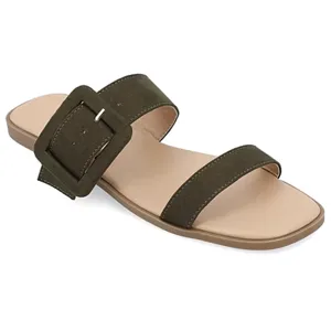 A sandal with two olive green straps and a large square buckle on the top strap, featuring a flat beige sole.