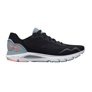 Under Armour UA Sonic 6 running shoe features a black upper with light blue accents, an orange UA logo, cushioned white midsole with ROVR technology, and a patterned outsole for traction.