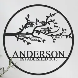 A decorative family tree wall art featuring the name \“Anderson\“ and the year \“Established 2013,\“ with branches labeled \“Mom,\“ \“Dad,\“ \“Amelia,\“ \“Jackson,\“ \“Olivia,\“ and \“Noah.\“