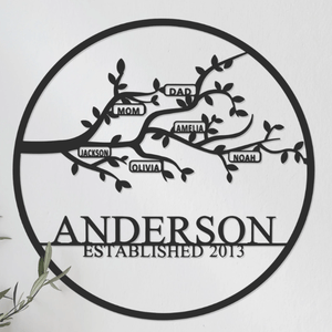 A decorative family tree wall art featuring the name \“Anderson\“ and the year \“Established 2013,\“ with branches labeled \“Mom,\“ \“Dad,\“ \“Amelia,\“ \“Jackson,\“ \“Olivia,\“ and \“Noah.\“