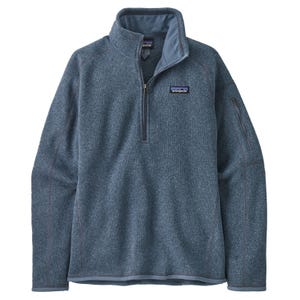 Blue quarter-zip fleece jacket with a zippered sleeve pocket, featuring a small logo on the chest.