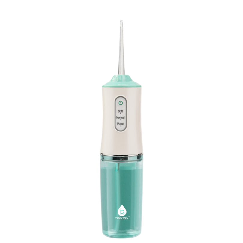 A water flosser with three settings: Soft, Normal, and Pulse, featuring a mint green and white color design.
