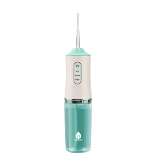 A water flosser with three settings: Soft, Normal, and Pulse, featuring a mint green and white color design.