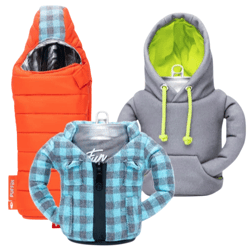 Three beverage coolers in the shape of clothing: an orange puffer jacket for bottles, and two can sleeves resembling a blue plaid jacket and a gray hoodie.