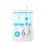 A countertop water flosser with a transparent blue water reservoir, a handheld nozzle, and adjustable pressure settings for oral hygiene.