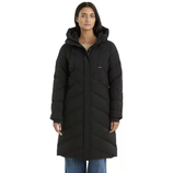 A long black puffer coat with a hood, featuring a front zipper closure and diagonal quilting. The coat is designed for warmth and paired with blue jeans.