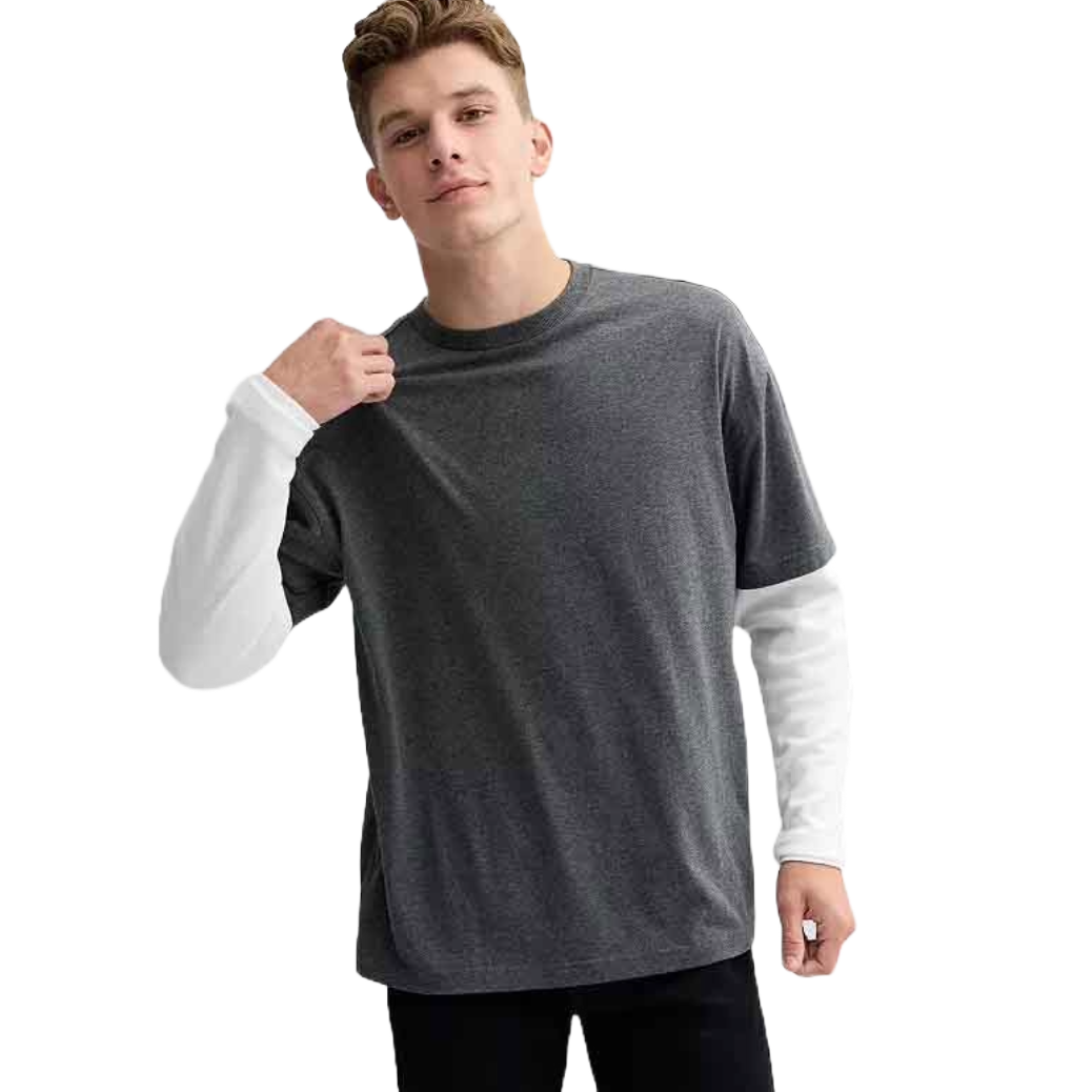 Gray oversized T-shirt with white long sleeves, creating a layered look.