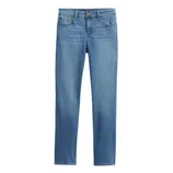 Pair of light blue denim jeans with a classic five-pocket design, button closure, and subtle fading.