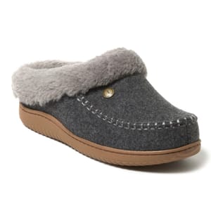 Gray felt clog slippers with a fuzzy collar and decorative stitching, featuring a rubber sole and a small branded button detail.